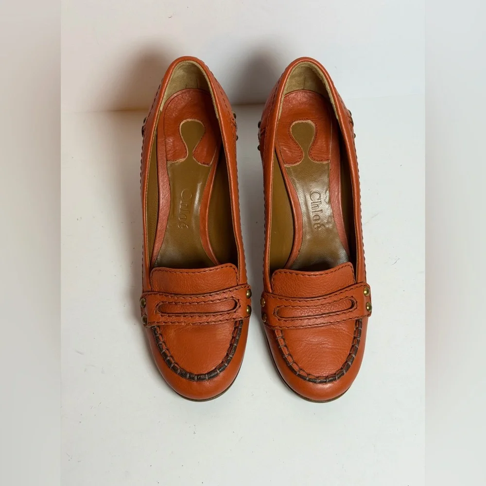 Chloe Orange Leather Pumps Block Heel Penny Loafers Size 37